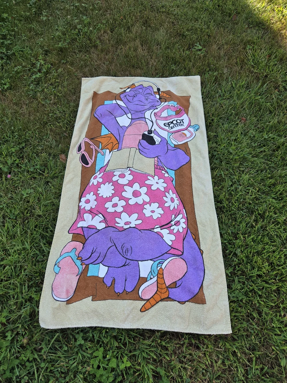 Vintage Rare Disney Purple Figment Beach Towel with Pink Floral Skirt